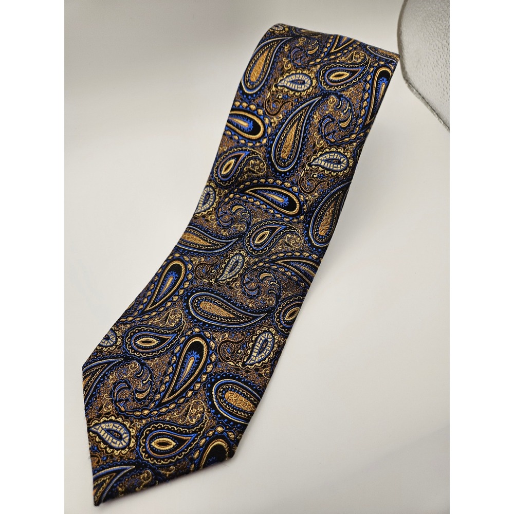 Enro‎ Platinum+ Mens Silk Necktie Gold Royal Blue Black Paisley Woven Tie